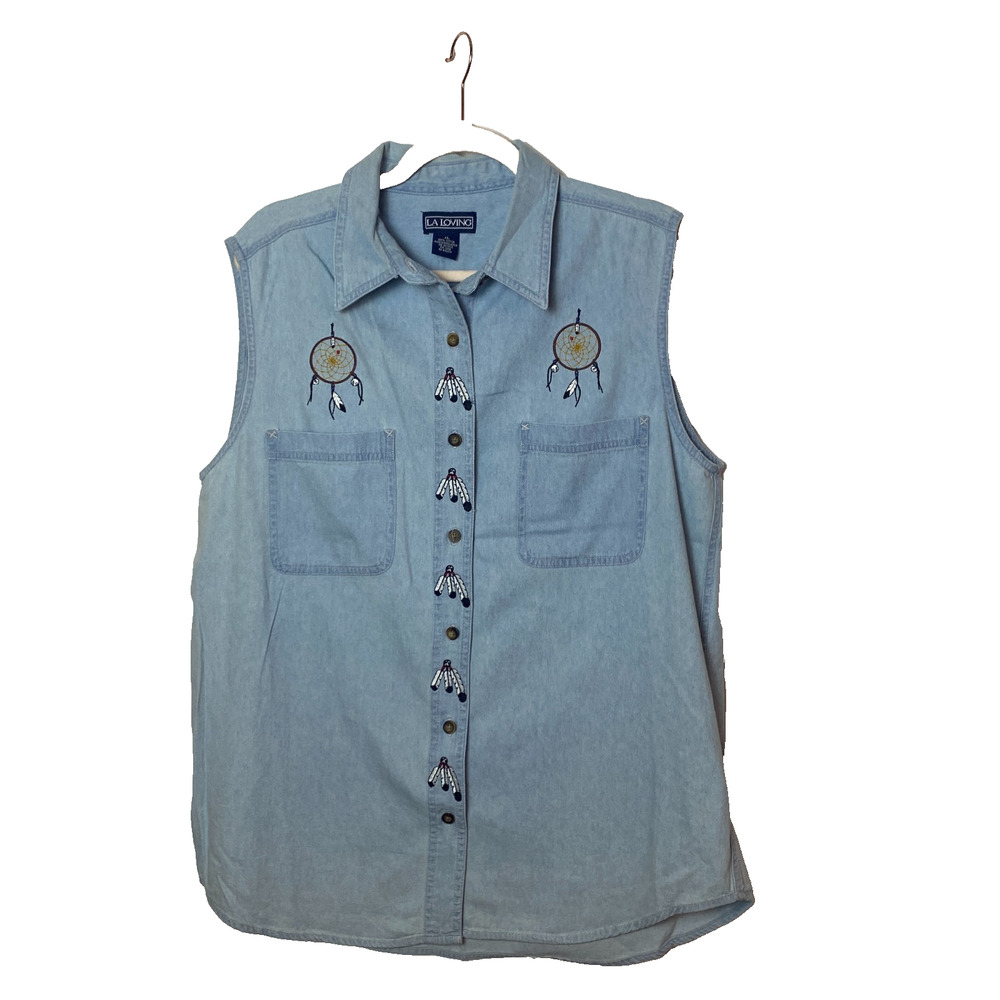 Vtg. Chambray Sleeveless Top Sz XL Embroidered Native American LA Loving Cotton